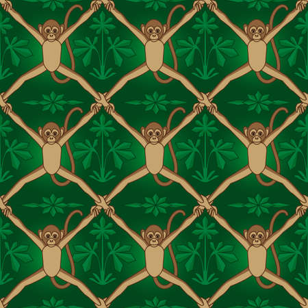 Seamless pattern with monkey and tropical foliage. Vector Illustrator.