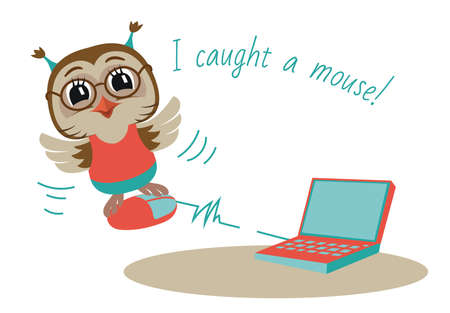 Little owl caught a computer mouse. Vector Illustration. Isolated on white.