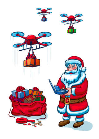 Santa Claus Hold Remove Controller Drone Delivery Present, New Year Christmas Holiday Vector Illustration Isolatedのイラスト素材