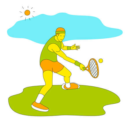 Boy playing tennis.Vector illustration in a flat style. Isolated on a white background. Sports concept.のイラスト素材
