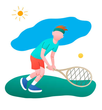 Small boy playing tennis. Vector illustration in a flat style. Isolated on a white background. Sports concept.のイラスト素材