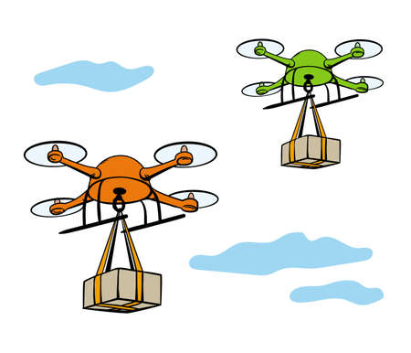 Copters delivering post. Drones carrying goods in the sky. Vector illustration.のイラスト素材
