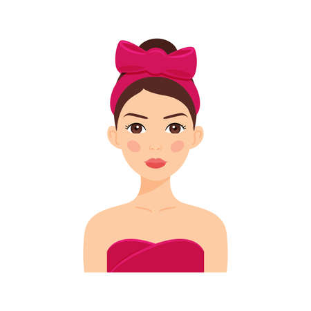 Portrait of a Beautiful Brunette Girl in a Dress with Bare Shoulders, with a Pink Bow on her Head. Cute Lady in a Towel. Cartoon color flat style.  White background Vector stock illustration.のイラスト素材