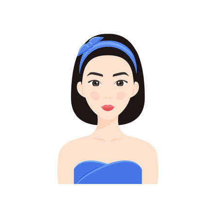 Asian Woman in a Blue Dress, with Bare Shoulders and Headband. Japanese Lady with Towel and Hairpin. Cartoon color flat style. White background. Vector stock illustration.のイラスト素材