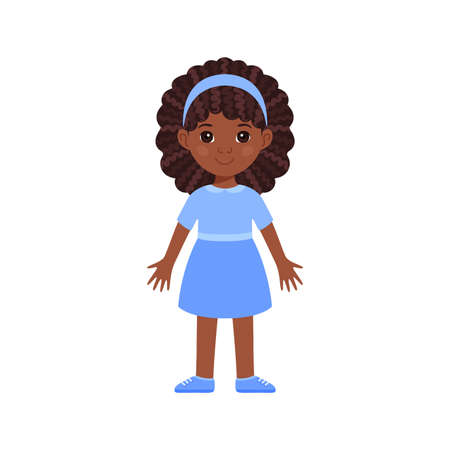Isolated girl black beautiful little in a blue dress and in shoes. Child has Afro curly hair. Color flat cartoon style. Front view. White background. Vector stock illustration.のイラスト素材