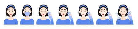 Beautiful Asian Woman in a Medical Mask. Skin Problems, Pimples and Acne, Sunburn from Wearing a mask. A Sad and Happy Girl, with a mask in her Hands.Flat cartoon color style.White background.Vector.のイラスト素材