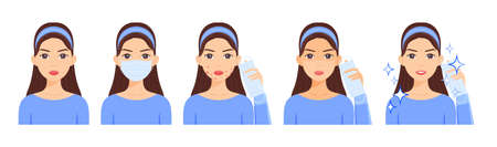 American Woman in Medical Mask on Face. Protection against contamination. Cartoon Girl is wearing mask. Problem with the Skin. Acne, Tan. Mask in hand. Illustration for beauty, medical design. Vector.のイラスト素材