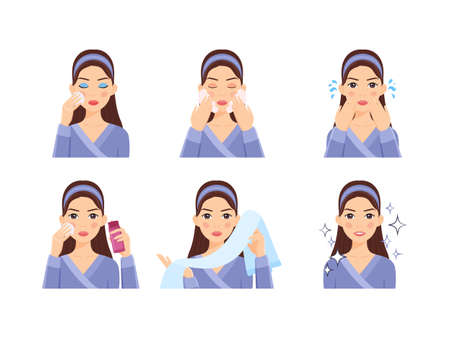 Beautiful Woman does facial Treatments. Girl takes off her makeup. Cleanses the skin with water, foam. Lady uses a sponge, tonic and a towel. Flat cartoon color style. Image for beauty design. Vector.のイラスト素材