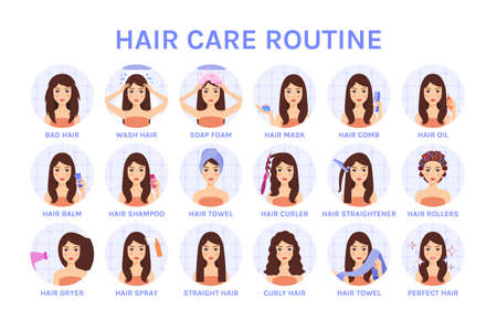 Pretty Brunette in the Bathroom, Taking Care of her Hair. Lady in a Towel Washes her Hair, applies Shampoo, Foam. Woman does Hairstyle. Steps. Set. Flat cartoon colo style. White background. Vector.のイラスト素材