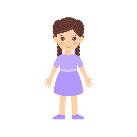 Cute Little Brunette Girl with Pigtails is standing in a dress and shoes. Happy Child Smiles. Female Character full length. Flat color cartoon style. White background. Vector stock illustration.のイラスト素材