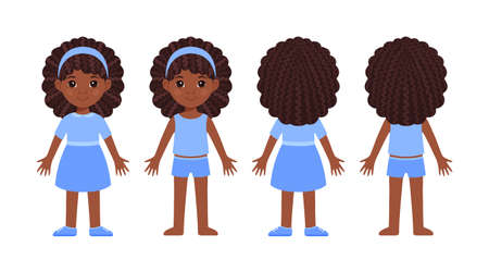 Little Girl with dark skin in clothes and underwear. Afro Ð¡hild is standing in front and back view. Black Character in a dress, shorts and a tshirt. Flat cartoon color style. White background. Vector.のイラスト素材