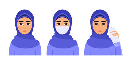 Beautiful Muslim Woman in Hijab Wearing Medical Mask. Isolated Portrait of an Arab Girl. Skin Problems, Acne on the Face.Health and Safety.Illustration for Medicine design.Flat cartoon style.Vector.のイラスト素材