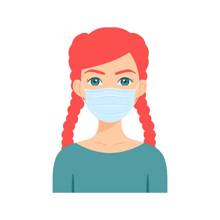 Pretty Girl with Red Hair Wears a Medical Mask on Face. Quarantine and Woman Protects from Pollution, Virus, Infection. Health and Safety. Avatar. Flat Cartoon Color Style.のイラスト素材