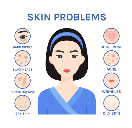 Skin problems. Isolated Asian Woman and Care, Treatment. Korean Girl has Acne, Black Dots, Wrinkles, Dark Circles, Dry and Oily Skin. Illustration for Beauty and Medical Design.のイラスト素材