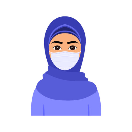 Beautiful Muslim Woman Wears a Medical Mask Against Virus, Infection and Pollution. Lady in a Hijab and Surgical Mask on Mouth. Avatar for Arab Girl. Flat Cartoon Color Style. White background.のイラスト素材