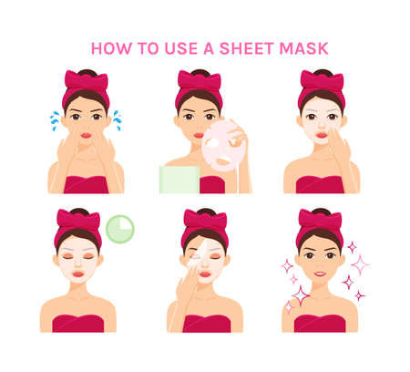 Cute Girl with Head Band Bow a Sheet Moisturizing Mask on Face. Steps. Instruction. Healthy Facial Hygiene. Flat Cartoon Color Woman. White background. Illustration for Beauty, Medical Design.のイラスト素材