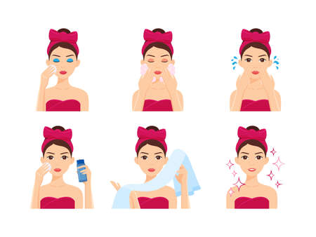 Face, Skin Care is Routine. Cute Girl Washes with Soap and Foam. Steps. Beauty, Health and Hygiene. Treatment of Facial Skin. Flat Cartoon Character Color, Style. White background.のイラスト素材