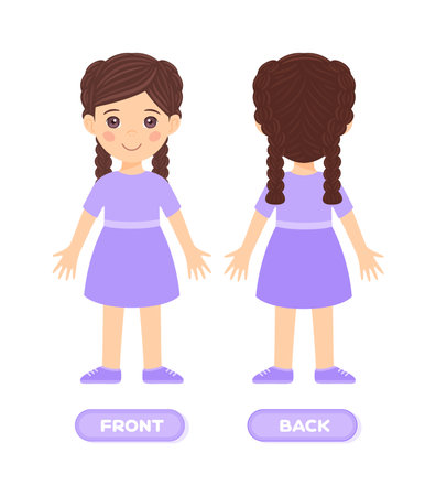 Isolated Beautiful Brunette girl in dress and shoes. Front and back views. Flat color cartoon style. White background.Vector illustration.のイラスト素材