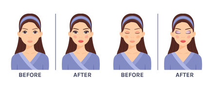 Makeup of a Beautiful Girl. Before After. Pretty Woman with open and closed eyes.Decorative Cosmetics on the Face. Flat cartoon color style. White background. Vector stock illustration.のイラスト素材