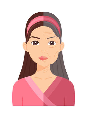 Beautiful Brunette Young Lady and Old Woman. The Aging Process and Half of the Face.Gray Hair and Wrinkles. Flat color cartoon style. White background. Vector stock illustration.のイラスト素材