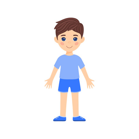 Cute Brunette cartoon boy is standing in clothes and shoes. Caucasian child with blue eyes and smiles. Happy isolated little schoolboy. Flat color style. White background. Vector illustration.のイラスト素材
