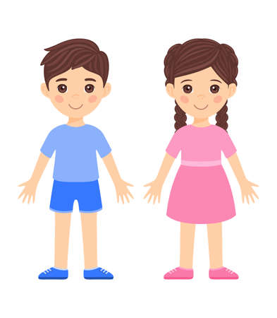 Cut Little Brunette Boy in Shorts, Shirt, Shoes and Girl with Pigtails, and in Dress. Couple of Children. Two Kids are Smiling. Flat Cartoon style. White background. Vector stock illustration.のイラスト素材