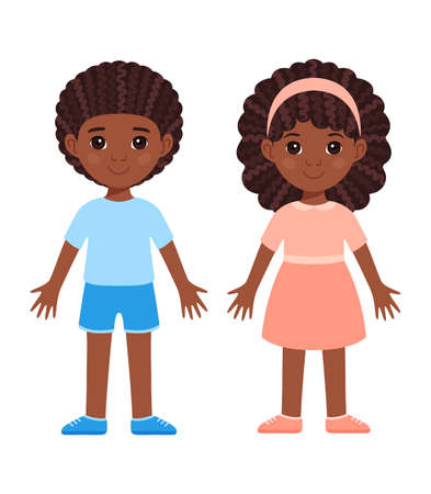 Pretty Couple. Black Boy and Girl. Children with Afro Curly Hairstyles. Preschool kids with Brown Skin, in Clothes. A Doll in a Dress, Shorts, Shoes and a Shirt. Flat Sartoon Solor style. Vector imageのイラスト素材