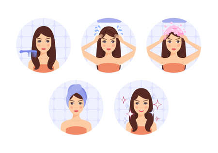 Beautiful Girl Washes her Hair. Isolated Young Woman uses Water, Foam, Brush and Towel. Clean Head. Steps. White background. Color Flat Cartoon style. A circle. White background. Vector stock imageのイラスト素材
