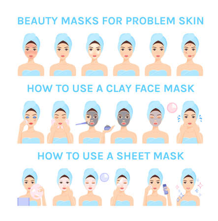 How to Use Beauty Masks for Problem Skin. Apply Sheet and Clay Face Mask. Set, Steps, Instruction. Beautiful Girl in a Towel Does Care Procedures. Cartoon Color Style. White background. Vector imageのイラスト素材
