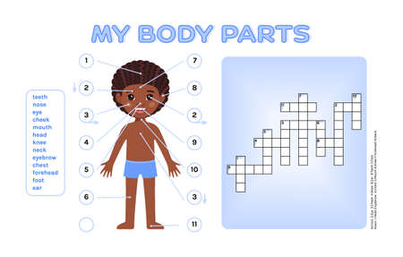 Crossword Puzzle for School Children and Cute Black Afro Boy. My body Parts. Page from Workbook for Lesson in Anatomy, Biology. Educational Intellectual Game for Kids Color Cartoon style. Vector imageのイラスト素材
