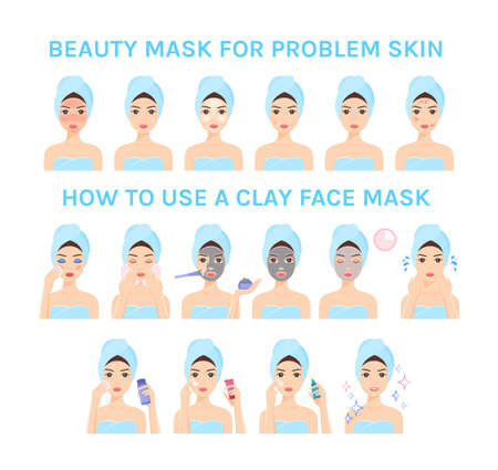 Set of How to Use a Clay Cosmetic Face Mask. Steps. Cute Woman in a Towel Takes Care of Skin. Treatment of Problem skin. Flat Cartoon style. White background. Illustration for Beauty Design.のイラスト素材
