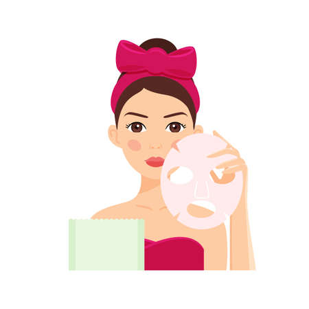 Portrait of Young Brunette in Towel and with a Bow on Head. Spa Day. Female Character Hold a Sheet Mask, Package in Hand. Cartoon Color Style. White background. Vector illustration for Beauty Designのイラスト素材