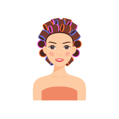 Portrait of a Beautiful Girl in Curlers. Isolated Happy Attractive Woman in Hair Rollers. Female Character is Smiling. Salon of House. Fashion Illustration for Beauty Design. White background. Vectorのイラスト素材