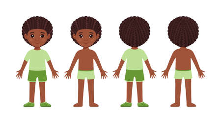 Cute Black Boy with Afro Hairstyle Stands. Front Rear View. Child is Wearing Clothes, a T-shirt, Shorts, Shoes and Underwear. Isolated Happy Schoolboy in Swimming Trunks. Flat Cartoon Style. Vectorのイラスト素材