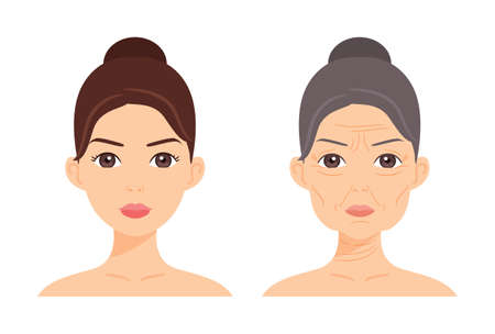 Isolated Portrait of Nude Young Woman and Beautiful Old Lady. Elderly Mother, Naked Adult Daughter. Aging and Youth on Female Face. Color Cartoon style. Illustration for Beauty, Medical Design. Vectorのイラスト素材