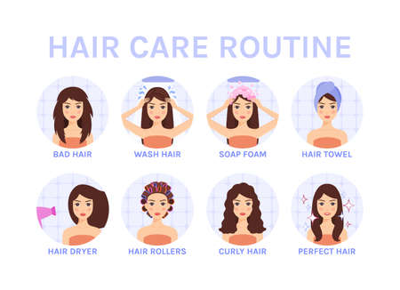 Taking Care of Long Hair. Procedures. Pretty Woman Washes Head, Applies Foam. Lady does Hairstyle, Uses a hair Dryer, Rolllers, Towel. Healthy Clean Hair and Happy Girl. Set. Vector illustration.のイラスト素材