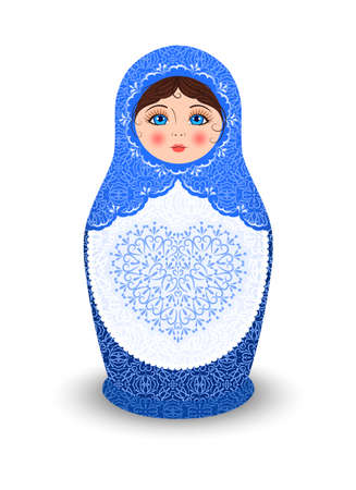 Beautiful Brunette Matryoshka with a Lace Heart on a Sundress. Cartoon Russian Doll in a Blue Dress with a Pattern. Color Fashion Style. White background. Illustration for Winter Design. Vector.のイラスト素材