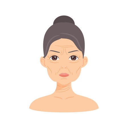 Beautiful Elderly Caucasian Woman. Portrait of Pretty Old Lady with a Gray Bun on Head. Wrinkles, Sagging on Face. Flat Cartoon style. White background. Illustration for Medical, Beauty Design. Vectorのイラスト素材