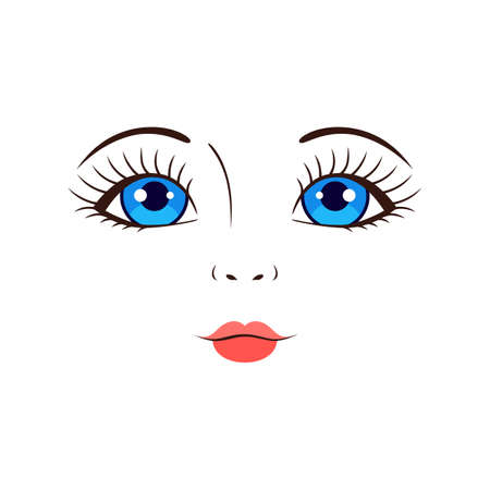 Beautiful Matryoshka Face. Face of a Russian Doll.  Female Character has Blue Eyes, Red Lips and Black Eyelashes. Cute Color Cartoon Lady-Baby. White background. Vector stock illustration.のイラスト素材