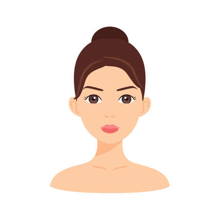 Beautiful Brunette Woman and Nude Upper Body. Cute Female Face. Natural Beauty. Portrait of Young Lady. Front view. Avatar. Cartoon Fashion Style. Illustration for Cosmetology, Medical Design. Vector.のイラスト素材