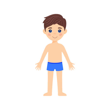 Funny Cartoon Little Child. Happy Schoolboy is Standing in Underwear and Swimming Trunks. Character with Blue Eyes and Brown Hair. Smile on a child's Face. Template. White background. Vector image.のイラスト素材