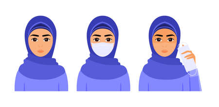 Beautiful Muslim Woman Without a Medical Mask on Face. Surgical mask on Arab Young Girl in hijab. Sun Tan on Face. Lady is Protecting herself from Infection. Illustration for Beauty, Medical Design.のイラスト素材