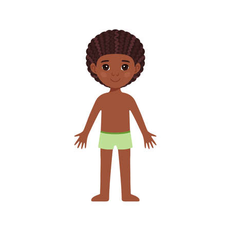 Happy Boy in Underwear. Afro Hairstyle and Curls on Head of a Preschooler. Black Kid Stands and Smiles in Swimming Trunks. Template for Children's Education. Flat Cartoon style. Vector illustration.のイラスト素材