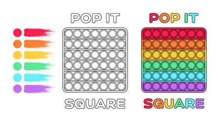 Cartoon Rainbow Coloring Pop Square. Funny illustration for Little Children. Drawing lesson for Preschoolers Kids. Sheet and Page to Print. Flat Fashion Black and White Outline style. Vector.のイラスト素材