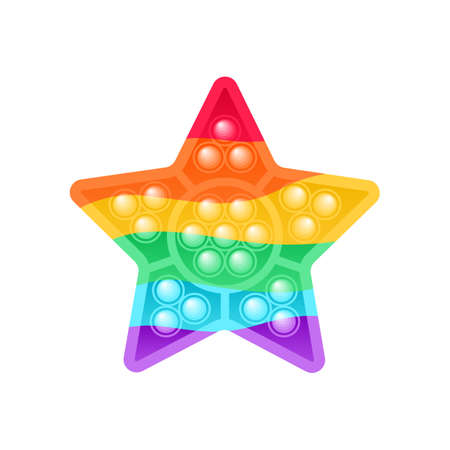 One Cute Silicone Pop Toy in Shape of Star. Rainbow Toy for Little Children. Anti Stress and Relax. Education. Flat Cartoon Color style. White background. Illustration for Kids Design. Vector.のイラスト素材