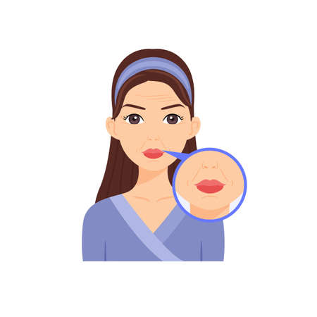 Young Beautiful Woman with Troubles on Face. Wrinkles Around the Eyes, Chin and Forehead. Aging. Skin Diagnostics. Zoom. Flat Color Cartoon style. Illustration for Beauty and Medical design. Vector.のイラスト素材
