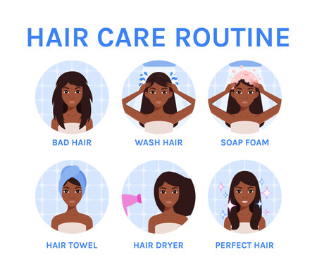 Pretty Black woman with Bad Hair. Hair Care, Spa. Steps. Girl Wash Hair, Apply Foam and Use a Dryer and Towel. Happy Girl with Clean Hair. Cartoon Fashion Style. Illustration for Beauty design. Vectorのイラスト素材