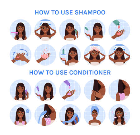 Pretty Black Woman Applies Shampoo and Conditioner. Steps. Beautiful Lady Washes Hair and Eses a Towel. Set. Flat Cartoon Color Fashion style. White background. Vector illustration for Beauty Design.のイラスト素材
