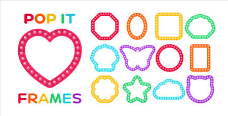Pop It Fidget Toy Bubble Frames. Set. Template of Elements for Text, Birthday and Invitation. Colorful Photo Frames for Holiday Childrens Design. Cartoon Rainbow style. Vector stock illustration.のイラスト素材