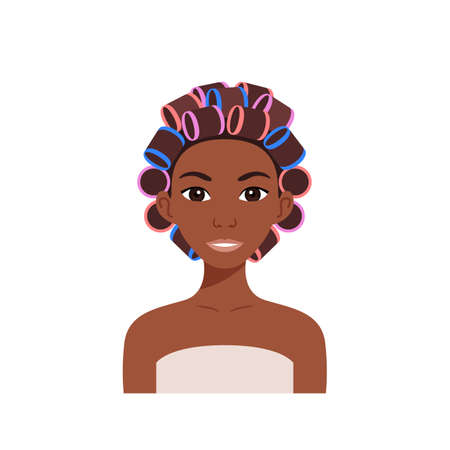 Beautiful Afro Black Woman with Curlers and Rollers on Head. Happy Female Character Smiles. Avatar and Portrait for Fashion Lady. cartoon style. white background. Vector illustration for Beauty Designのイラスト素材